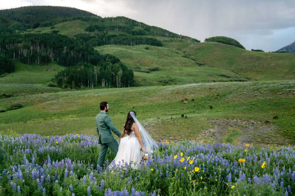 Couple holding hands and walking away through lupine and wildflowers in Crested Butte