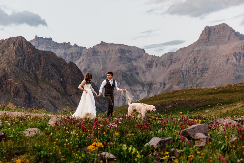 Couple walking with their dog through wildflowers below rugged peaks